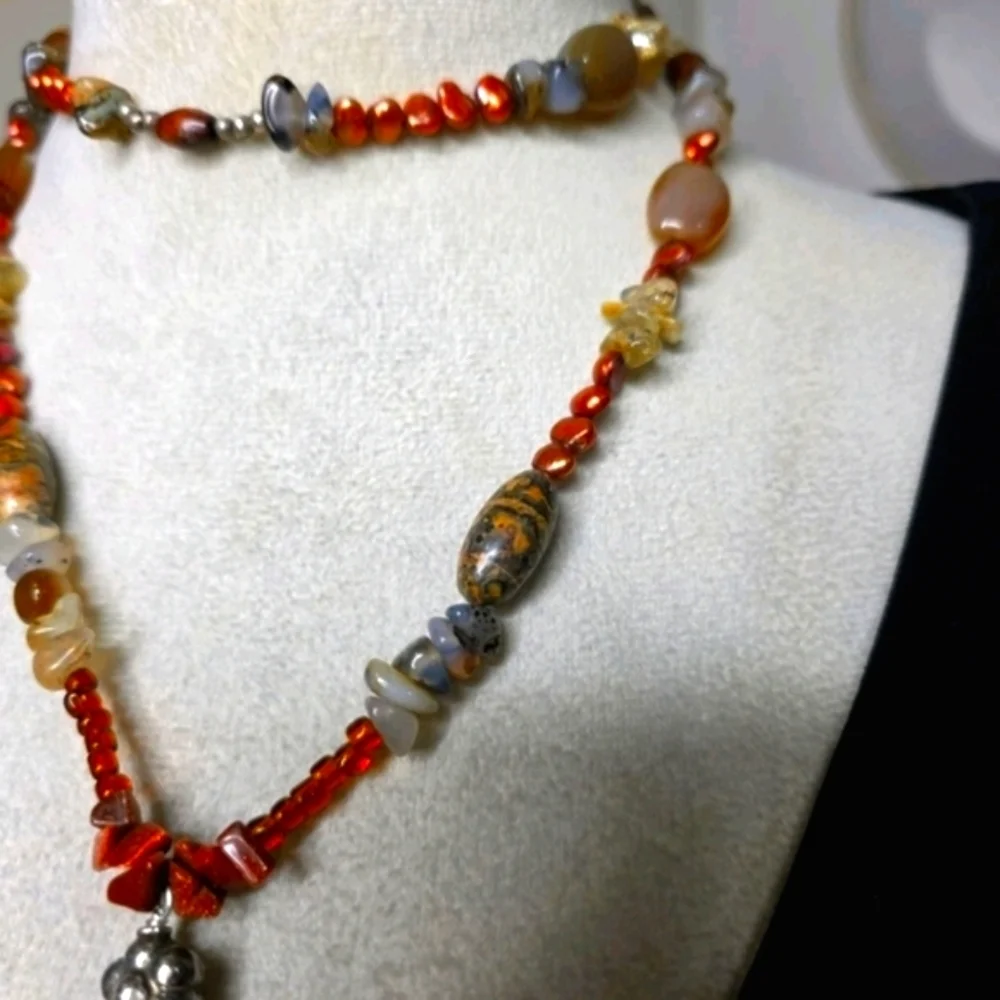 Triska Signed Artisan Beaded Necklace Bold Crimson Glass Focal & Earthy Gemstone - Picture 5 of 7